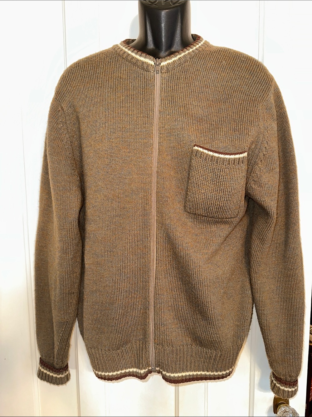 Vintage St. Michael Men's Brown Zip-Front Wool Sweater with Pocket